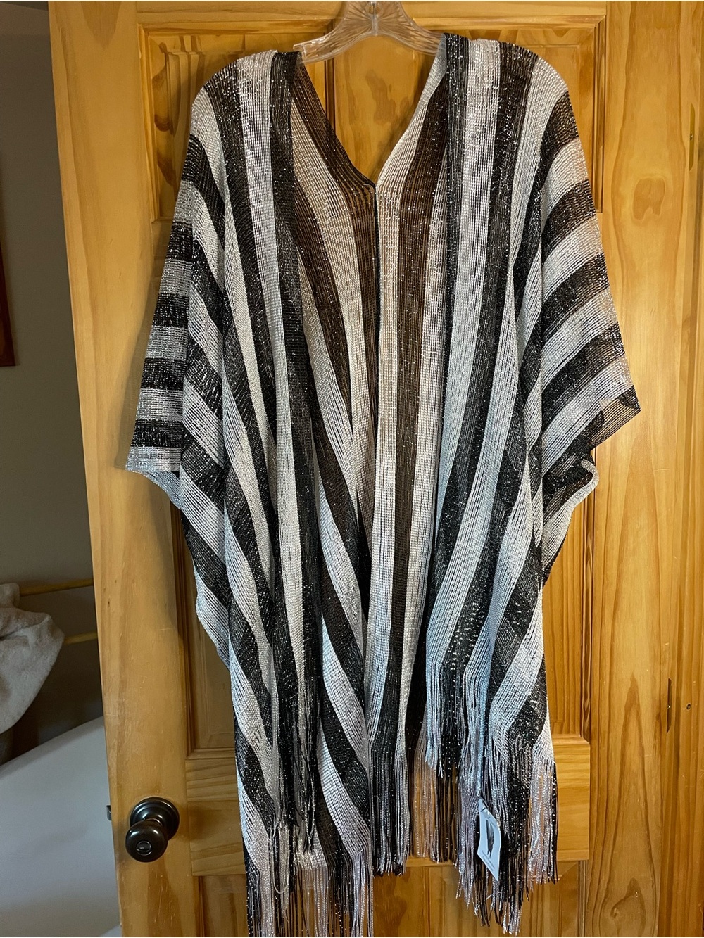 Striped Fringe Wrap in Black and White